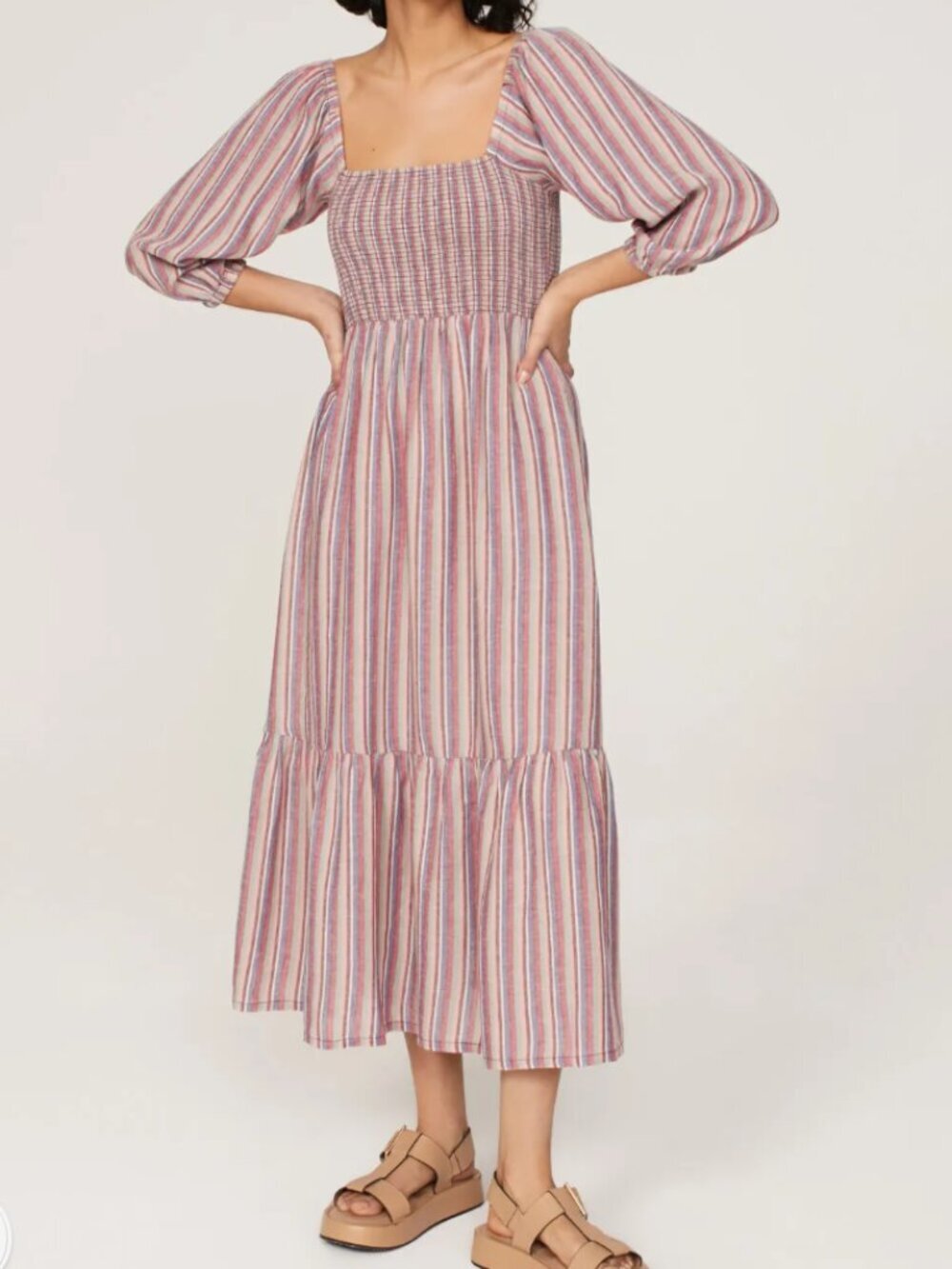 Marine Layer Ivy Smocked Dress NWT Medium Brick Dust Stripe
